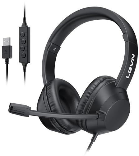 LEVN Headset med mikrofon, USB-headset med mikrofon, datorheadset med brusreducerande mikrofon för bärbar dator, tysta in-line-kontroller, trådbundet headset för arbete hem/öppet kontor/callcenter