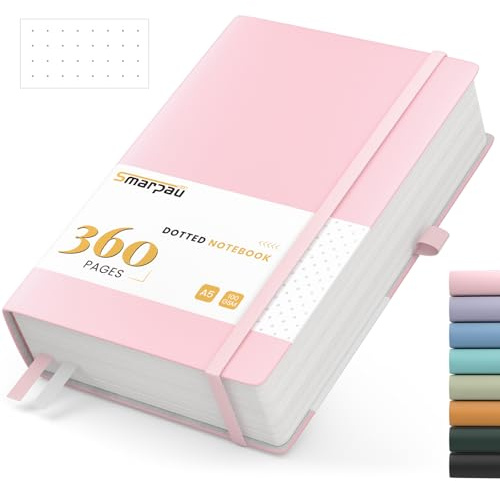 Smarpau Bullet Dotted Journal A5, Thick Notebook 360 Numbered Pages, 100gsm Paper No Bleed for Writing, Leather Journal Notebook for Women Men Work School Office - 14.5 x 21cm, Pink