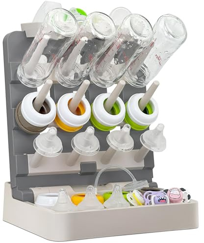 CINWWNI Baby Bottle Drying Rack, Vertical Standing Bottle Dryer Rack Holder-Space Saving Baby Bottle Drying Rack for Countertop-Holds Up to 12 Baby Bottles & Cup(Gray & Khaki)