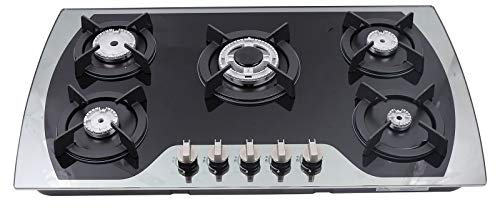 BRRIDE Cocina de gas de 5 zonas, de cristal, 5 zonas, con protección de termopar, 90 cm, GLP/gas natural, hasta 11 kW (3 kW, 2,75 kW, 1,75 kW, 1,75 kW, 1 kW) (90 x 51 x 6 cm)