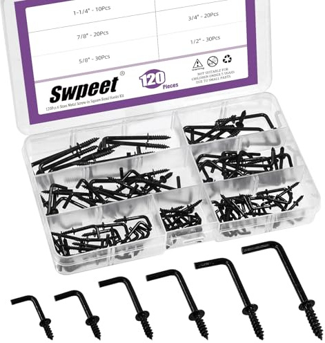 Swpeet Kit di 120 ganci quadrati in acciaio al carbonio nero, 6 misure, viti autofilettanti a forma di L, ganci ad angolo retto per casa, posto di lavoro, ufficio