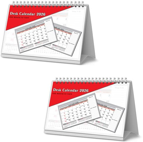 2026 One Month to View UK Stand Alone Desk Office Table Calendar Planner by Arpan (Red - Pack of 2)