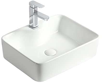 Lavabo Rectangular de 48 x 37 cm, sobre encimera de cerámica con Grifo, Blanco, para tocador.