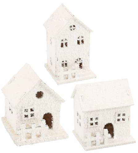 3pcs Houes de Village de Noël LED Bois éclairée Blanc Snow Houses Noël pour l'hiver