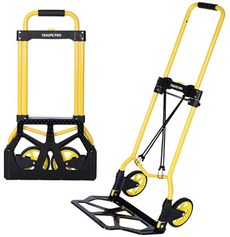 YEAUPE PRO Carrello di Trasporto Pro Pieghevole con Manico Telescopico, Ruote in Gomma, 2 Cinghie | Portata 50 kg per Traslochi, Giardino, Trasporto, Giallo - Monoruota