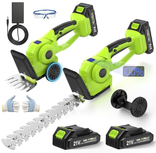 VOERJIA Cortasetos con batería 2 en 1, 21 V, con batería con 2 baterías de 2000 mAh, 2 intercambiables (cuchillo de césped y cuchillo de arbustos), cortasetos manual ligero para cortar césped y jardín