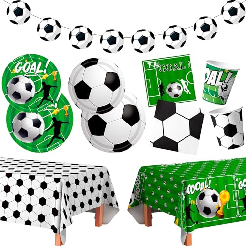 Forniture per Feste di Calcio,24 Ospiti Stoviglie per Feste di Compleanno Calcio - Piatti di Festa Calcio Tovaglioli Tovaglia Bandiera etc Decorazioni Compleanno Tema Calcio