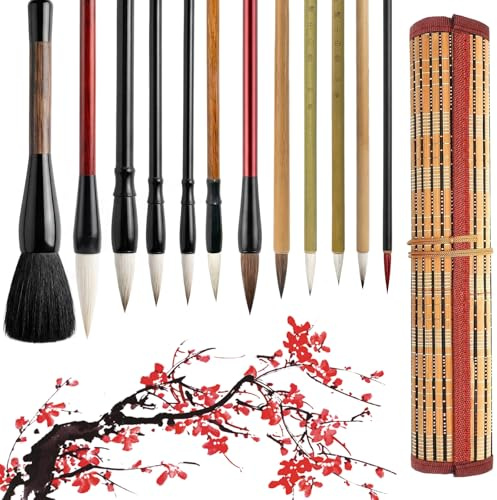 GOCUODE Lot de 12 Pinceaux Chinois, Pinceau Calligraphie Chinoise, Pinceau Encre de Chine pour Peindre des Fleurs, Oiseaux, pour éTudiant Débutant (12 pcs)