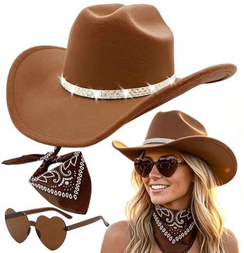 MIFKLMV Sombrero de Cowboy para Mujer, Mujer Sombrero de Vaquero, Western Cowgirl de Vaquero con Bandana y Gafas de Amor, Western Cowboy Hat, para Banda Country, Playa, Baile, Boda,Cosplay