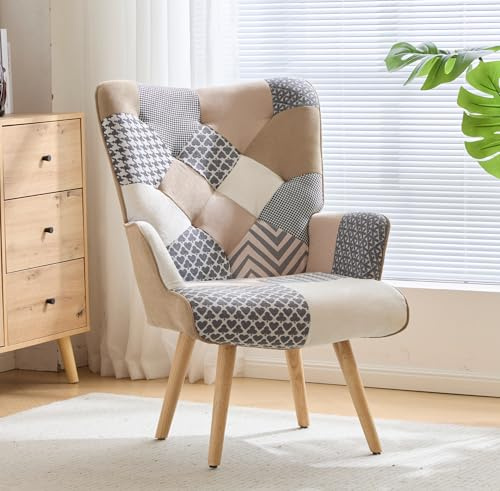 XH.Easy Go Patchwork Accent Chair, Upholstered Linen Fabric Armchair with High Back and Wooden Legs for Living Room, Bedroom, Waiting Room, Grey