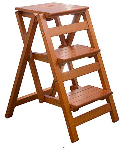 Step Stool for Adults/Step Ladder/Counter Chair, 3-Step Folding Portable Wooden Step Stool, Anti-Slip & Lightweight (Nut - Brown)