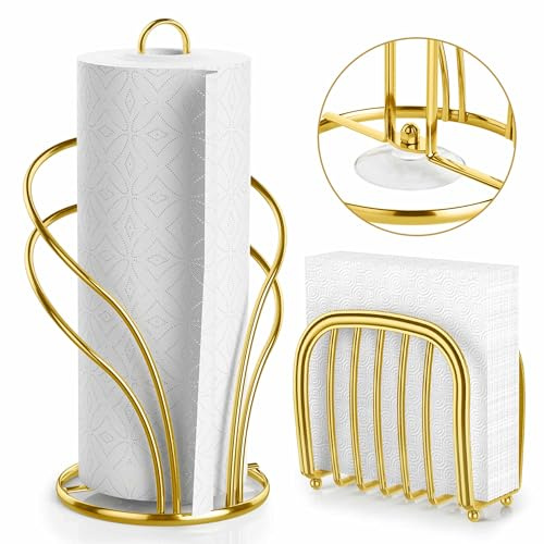 Paper Towel Holder Countertop, Stainless Steel Paper Towel Roll Holder and Paper Napkinholder Set, Standing Paper Towel Roll Holder Stand with Weighted Base Suction Cups (Gold)