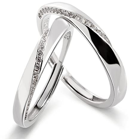 Anneaux de couple en argent sterling avec pierres de taille CZ pour hommes et femmes Anneau de mariage fait à la main Taille ajustable (Ensemble de deux bagues)