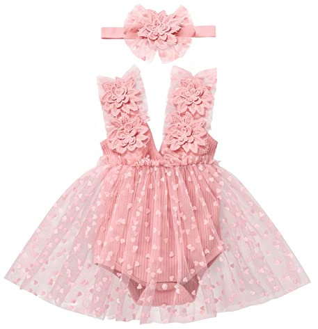 Baby Kleid 1 Geburtstag Mädchen Outfit Taufkleid Prinzessin Tüllrock mit Stirnband Ärmellos Bodykleid Strampler Kleinkinder Partykleid Festkleid Bekleidungssets Neugeborene Fotoshooting Rosa 6-12M
