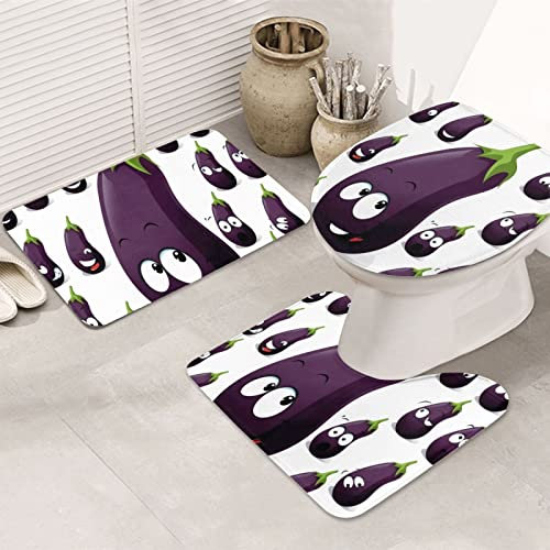 AOOEDM Badematten-Set mit Cartoon-Aubergine-Motiv, rutschfest, 3-teilig, für Badezimmer, WC, Schlafzimmer