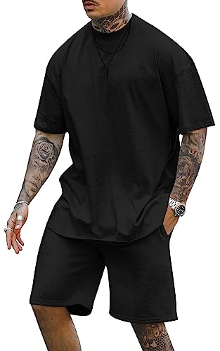 Cooleep Uomo T-Shirt e Pantaloncini Set Tuta Completa Estiva con Maglietta Manica Corta & Shorts Nero XXL