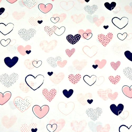 Textrend tissu coton au mètre, tissu de couture, 100% coton, tissu coton en forme de coeur, textiles 1x1,6m (Coeurs roses et bleu marine à motifs sur fond blanc)