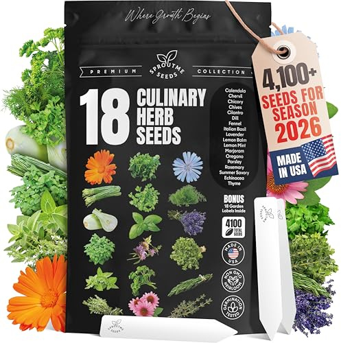 Culinary Herb Seeds Variety Pack – Basil, Cilantro, Parsley, Oregano, Rosemary & Thyme – 18 Varieties, 4100+ Non-GMO Heirloom Seeds, Indoor & Outdoor Growing