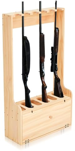 Soaoo Gun Rack with Storage Wood Gun Storage Display Rack Solid Pine Standing Gun Storage Rack Standing Rifle Rack Shotgun Storage Display Rack (Wood,6 Gun Floor Rack)
