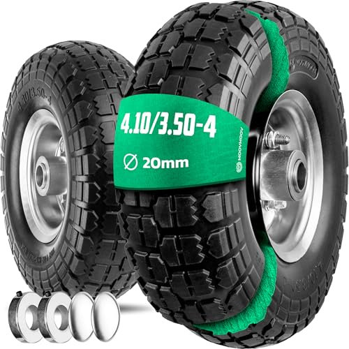 MOOVMOOV Solid Wheel 4.10/3.50-4 (x2) Bore for 3/4 (20mm) Axle - Centered Hub 75mm - For Hand Trucks, Wheelbarrows, Carts, Etc. - Includes Locking Ring + Self-Locking Cap