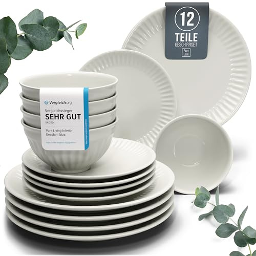 Steingut Geschirrset 4 Personen Hygge 12 tlg. TESTSIEGER, Traumhaftes Skandinavisches Steingut Geschirr Set, Schüssel- und Teller Set, Tafelservice 4 Personen, Geschirrsets Pure Living in Beige