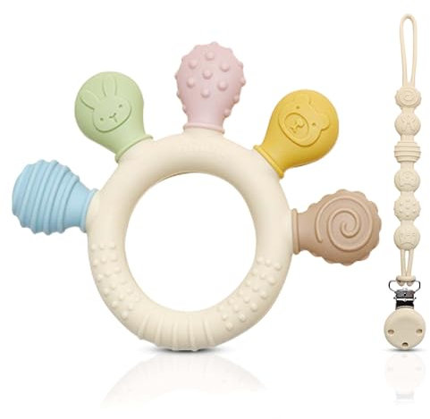 baHgi Baby-Beißring mit BPA-frei Schnullerkette aus Silikon - Beißring und Beißhilfe, Babyspielzeug zum Greifen mit bunten Tiermotiven (Piage)