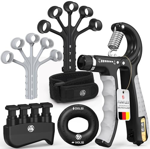 FUNFLEX Entrenador de Mano y Dedos, Set 5 en 1 con Contador – Entrenador de Agarre Ajustable, Anillo de Agarre, Extensor de Dedos, Banda para la Muñeca