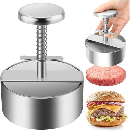 TFixol Pressa per hamburger, in acciaio inox, con pulsante a molla, per hamburger, per polpette di manzo, sushi, patate, feste, grigio, 11,5 x 14 cm, argento 110 cm