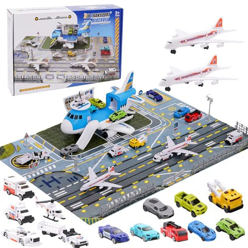 Transport Avion Jouet Voiture Jouet Total 15 moyens de transport avec panneaux de signalisation et tapis de jeu, hélicoptère parking jeu de jeu cadeau pour enfants 3+ garçons filles