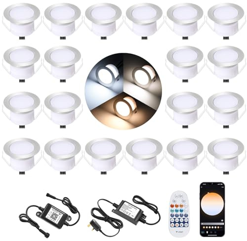 Smart LED Decking Lights Ø45MM Deck Light with Remote Control 2700K-6500K CCT White Dimmable IP67 Waterproof Led Plinth Light for Deck Terrace Pathway - 20 Packs