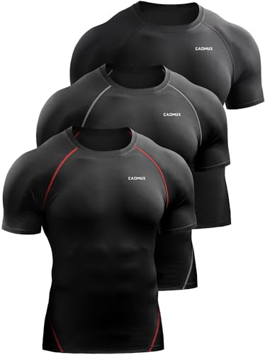 Cadmus Lot de 3 chemises de compression à manches courtes pour homme - Hauts d'entraînement athlétiques - Sous-vêtements de sport actifs, 22# noir, noir (gris), noir (rouge), lot de 3, L