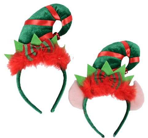DVOFU 2Pieces Santa Hat Headband Red Green Feather Cute Bell Hairband with Ears Elf Headwear Xmas Fancy Dress Accessory for Santa Party Carnival