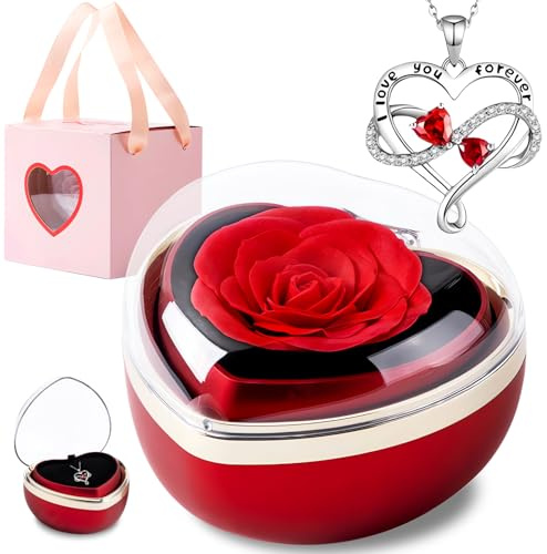 goldmiky Coffret Rose Eternelle avec Bijoux, Cadeau Fleur Rose Conservée à la Main,Cadeau Femme pour La Saint-Valentin, Surprise femme Fête des Mères, Elle la Noël, Anniversaire de mariage