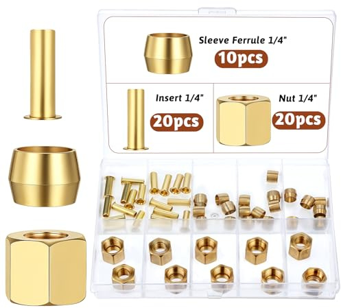 Compression Fittings 1/4 Compression Fitting Brass Assortment Kit Include Sleeve Ferrule, Nut Used to Connect Lines for Air Water Fuel Oil and Inert Gases