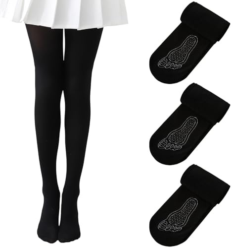 JiaYouLC 3 Pairs Non Slip Girls School Tights Soft Microfiber Stretchy Ballet Dance Tights Solid Footed Pantyhose School Uniform (UK, Age, 10 Years, 13 Years, Regular, Black)