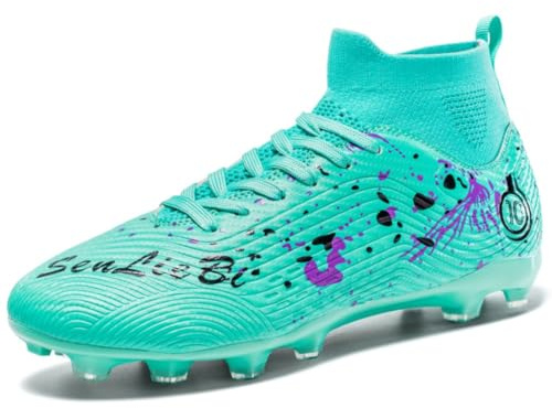 Hohe Fußballschuhe für Herren/Frauen, Rasen-Fußballschuhe mit rutschfesten Gummistollen, Atmungsaktives Strickobermaterial & Bemaltem Graffiti-Design - Trainings (Weiß/Blau/Gold)