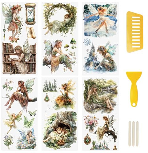 WANDIC 6 fogli di adesivi con fata strofinata su pittura a olio, per album di ritagli, finestre di elfi, adesivi impermeabili per bicchieri di folletti per mobili fai da te, album fotografici, 15 x 30