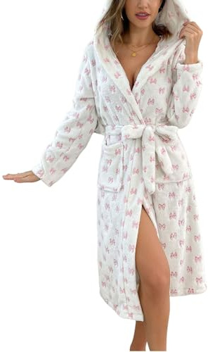 Hiseng Albornoz Mujer Bata Mujer Invierno, Estampados Lindos Batas de Casa de Polar Larga Suave y Grueso con Bolsillos y Cinturón Albornoz de Baño con Capucha Cálido Ideal, Sauna Casa