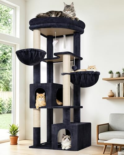 Globlazer Tiragraffi per Gatti Angolare 163 cm con 2 Grandi Grotte 45*30*30CM, Immenso Piattaforma, 2 Morbido Cesto, Albero Stabile per 2-4 Gatti Grandi Adulti Riposati Grattati (C64, Grigio Scuro)