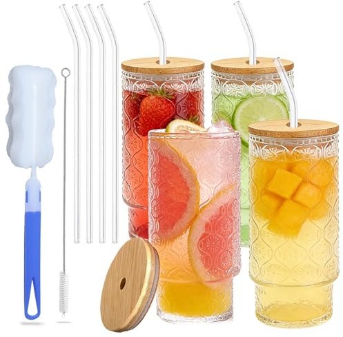 Dazhtu Juego de 4 Vasos de Cristal Agua con Pajita 320ml, Vasos de Latte Macchiato con tapa, Tazas de Café de Vidrio, Vasos de Cóctel para Café, Yogur, Soda, Cocktail, Cerveza, Batidos, Whisky