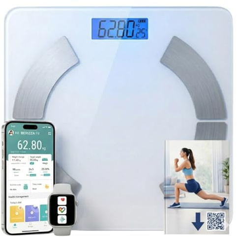 BERIZZA Báscula de Baño, Inteligente Bluetooth con App, Báscula digital con Análisis Corporal, Peso, Grasa, IMC, Masa Muscular, Alta Precisión, Compatible iOS y Android + Guia de ejercicios