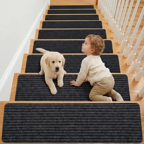 Lighterday 60 * 20cm Stair Treads Carpet 15 Pack,Peel and Stick Stair Treads Reusable,Non Slip Stair Runner Carpet for Staircases,Self Adhesive Carpet Tiles for Kids/Elders/Pets(Black)