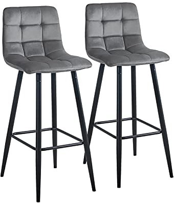 CLIPOP Barhocker aus Samt mit Lehne, Barstuhl 2er Set, Bar Stool, Bar Stühle für Bartheken, 66 cm Sitzhöhe, Grau