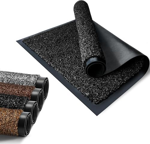 FB FunkyBuys Cotton Door Mats, Rubber Backed Floor Mat, Super Absorbent Non Slip Doormat, Heavy Duty Dirt trapper Door Mats for Front Door (40cm x 60cm, Black) - Indoor & Outdoor