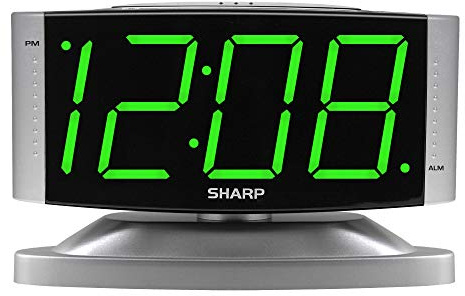 Sharp Home LED Digital Alarm Clock – Swivel Base - Outlet Powered, Simple Operation, Alarm, Snooze, Brightness Dimmer, Big Green Digit Display, Silver Case