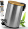 HIBATH Cosmetic Bin Made of Stainless Steel with Bamboo Lid (3 Litres, Silver) - Bathroom Waste Bin with Soft-Close Mechanism - Practical Rubbish Bin - Toilet Pedal Bin