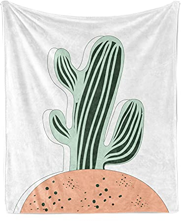 Lunarable Cactus Throw Blanket, Cartoon Saguaro Doodle Soil Plantation Garden Art Botanical, Flannel Fleece Accent Piece Soft Couch Cover for Adults, 60 x 80, Peach Evergreen