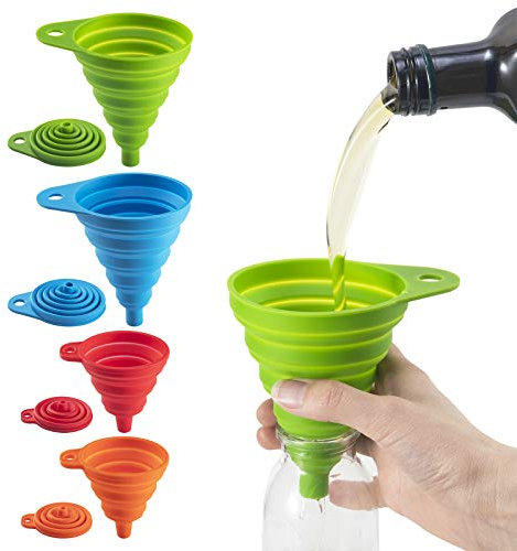 4-Pcs-Funnel-Collapsible-Set-Silicone-Filling-Small-Bottles, Hasgard Upgraded Foldable Funnels, Fold Almost Flat for Space Saving