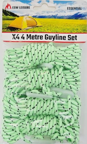 ESW LEISURE Guyline rep 4-pack för tält markis camping stark lätt paracord kille rep med spännare kille linjer fiskeparaply husvagn lusthus (glöds i mörkret, 4 meter XL 4-pack)