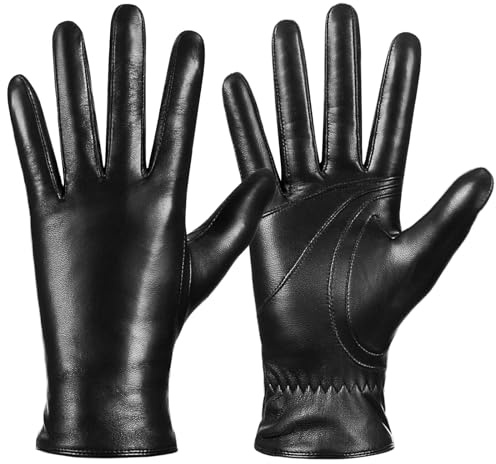 Winter Sheepskin Leather Gloves for Women, Warm Touchscreen Texting Gloves with Thermal Cashmere Lining, Cold Weather Gloves for Driving Motorcycle Outdoor Sports(Black-M)